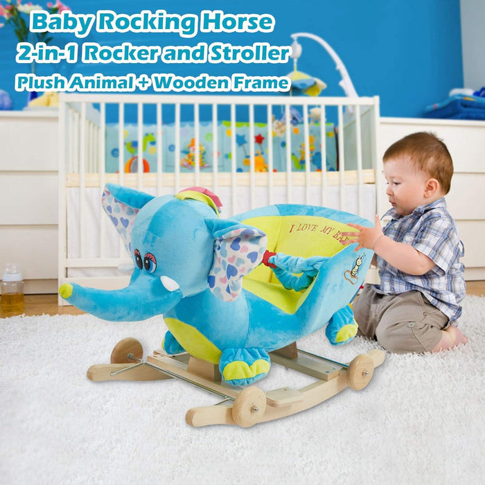 2-in-1 Ride-on Wooden Plush Rocking Horse Chair with Music for Baby Kids Toddlers, Blue Elephant