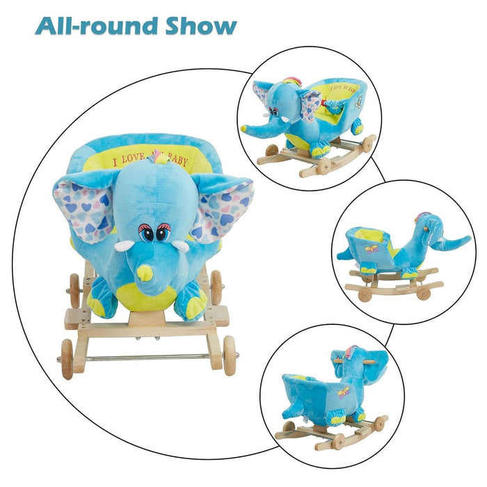 2-in-1 Ride-on Wooden Plush Rocking Horse Chair with Music for Baby Kids Toddlers, Blue Elephant