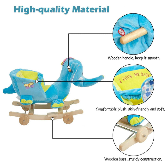 2-in-1 Ride-on Wooden Plush Rocking Horse Chair with Music for Baby Kids Toddlers, Blue Elephant