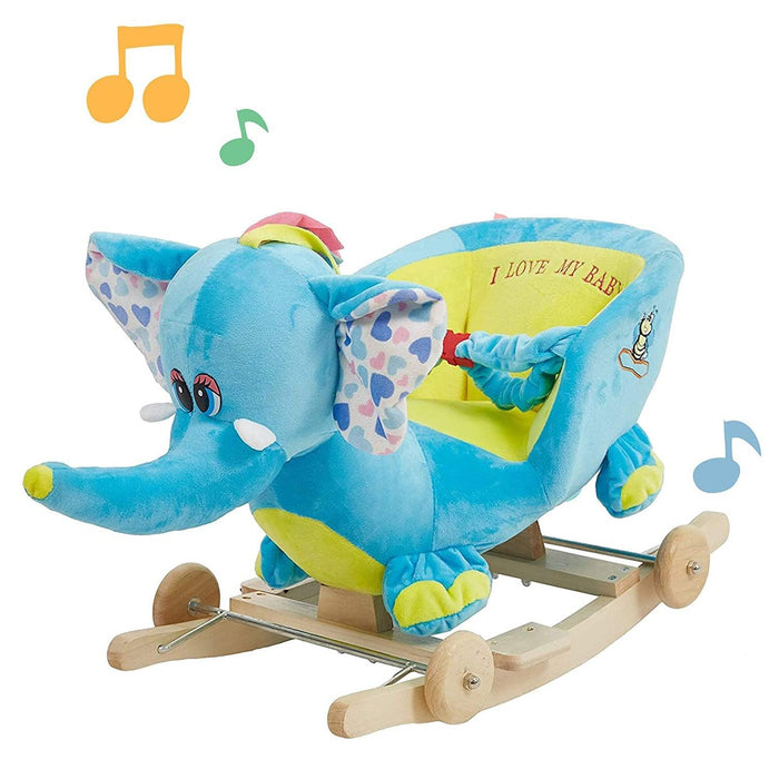 2-in-1 Ride-on Wooden Plush Rocking Horse Chair with Music for Baby Kids Toddlers, Blue Elephant