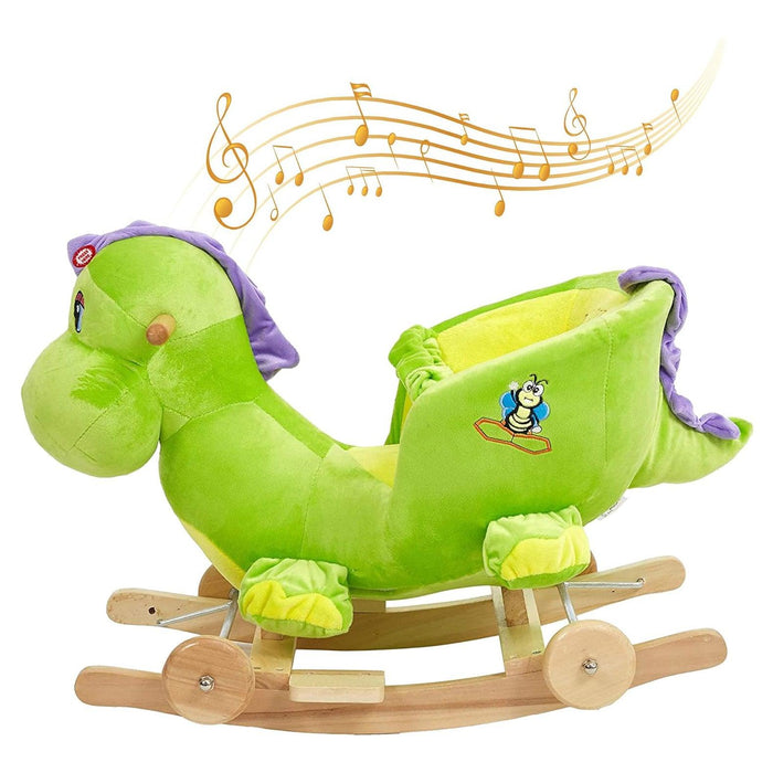 2-in-1 Ride-on Wooden Plush Rocking Horse Chair with Music for Baby Kids Toddlers, Green Dinosaur