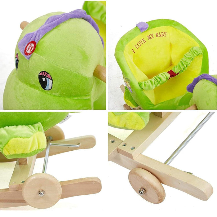 2-in-1 Ride-on Wooden Plush Rocking Horse Chair with Music for Baby Kids Toddlers, Green Dinosaur