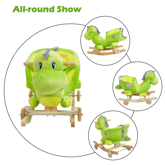 2-in-1 Ride-on Wooden Plush Rocking Horse Chair with Music for Baby Kids Toddlers, Green Dinosaur