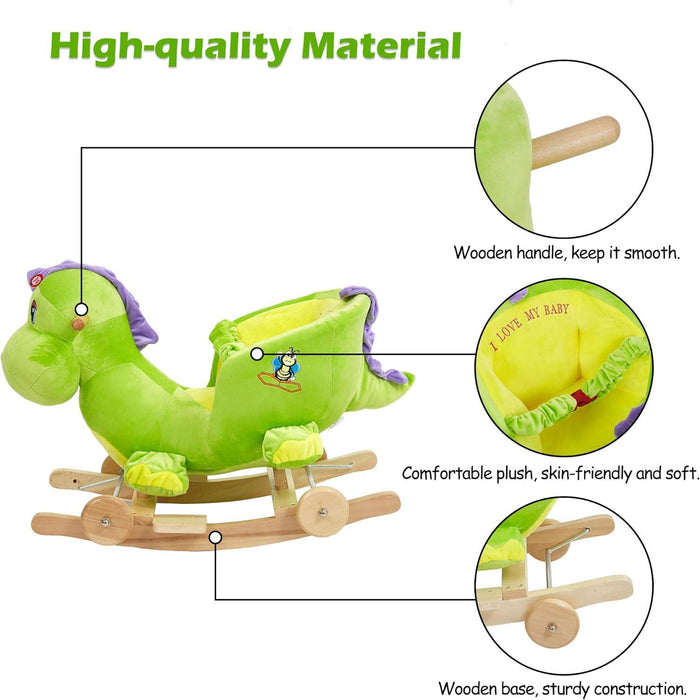 2-in-1 Ride-on Wooden Plush Rocking Horse Chair with Music for Baby Kids Toddlers, Green Dinosaur