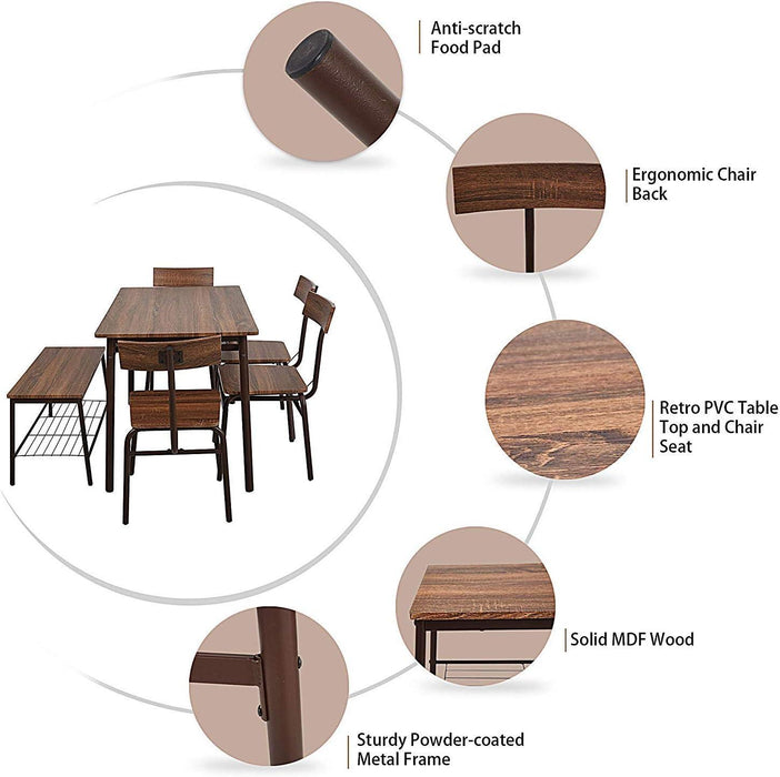 6 Piece Dining Table Set, 1 Dining Table 43.3" for 4-6 with 4 Dining Chairs and 1 Bench Compact Wooden Dinette, Wood Backrest