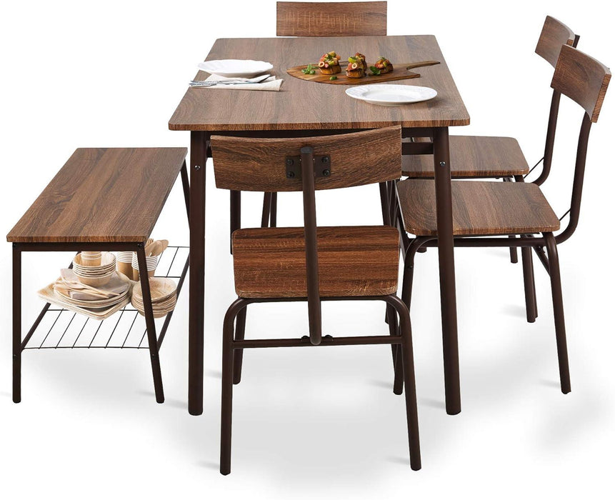 6 Piece Dining Table Set, 1 Dining Table 43.3" for 4-6 with 4 Dining Chairs and 1 Bench Compact Wooden Dinette, Wood Backrest