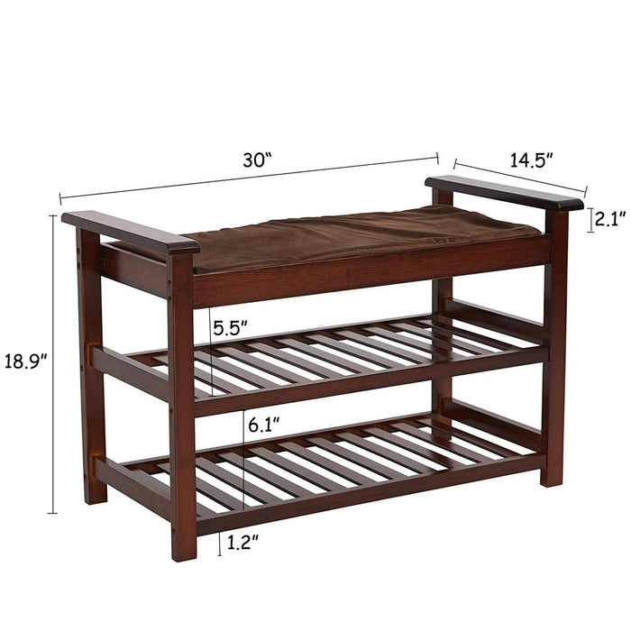 2-Tier Upholstered Bamboo Shoe Rack Bench 30" Entryway Shelf Organizer Storage Bench, Brown