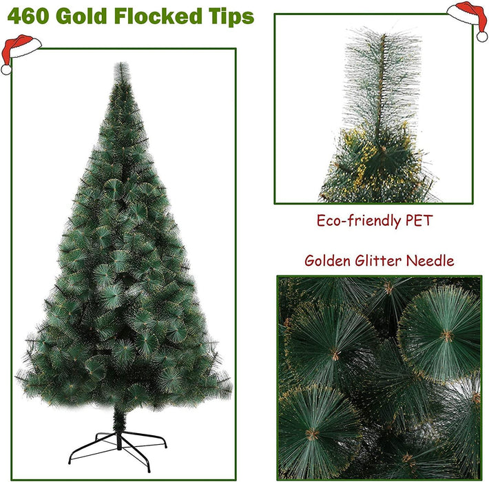 8ft Gold Flocked Christmas Pine Tree Xmas Tree with 460 Branch Tips and Decorations