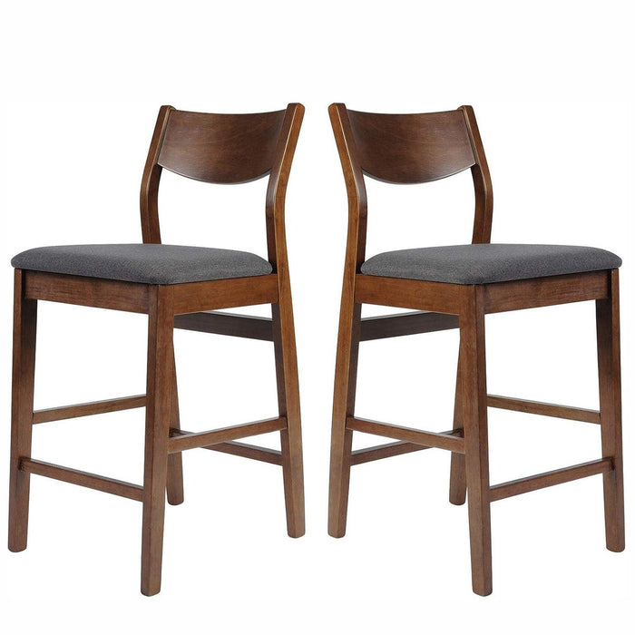 Set of 2 Dining Chairs Bar Stools Upholstered 24" High Chairs Mid-Century Modern, Dark Gray Fabric, Walnut Finish