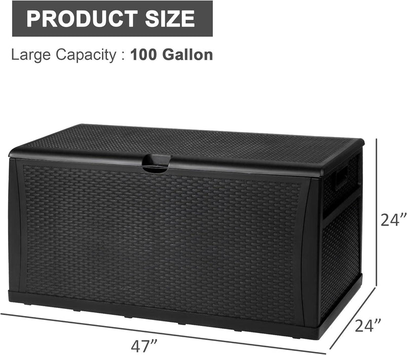 100 Gallon Outdoor Storage Box with Handle Waterproof Lockable Large Deck Box, Black