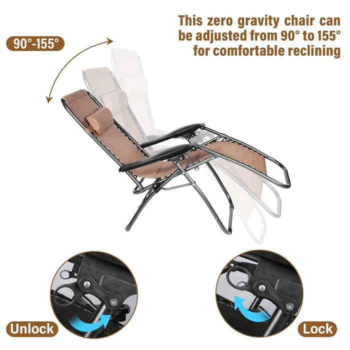 Set of 2 Adjustable Zero Gravity Chair, Folding Reclining Patio Lounge Chairs with Pillow, Brown