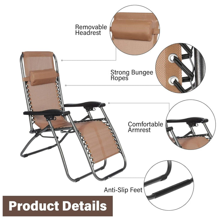 Set of 2 Adjustable Zero Gravity Chair, Folding Reclining Patio Lounge Chairs with Pillow, Brown