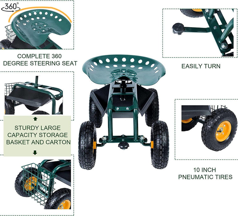 Rolling Garden Cart with Seat Lawn Yard Patio Work Seat Gardening Stool Cart with Tool Tray and Storage Basket