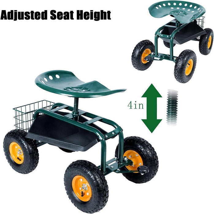 Rolling Garden Cart with Seat Lawn Yard Patio Work Seat Gardening Stool Cart with Tool Tray and Storage Basket