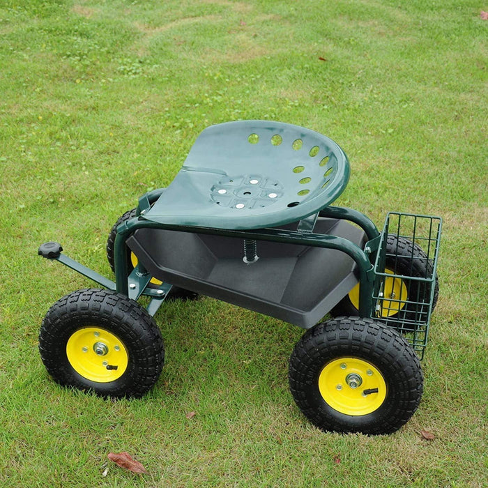 Rolling Garden Cart with Seat Lawn Yard Patio Work Seat Gardening Stool Cart with Tool Tray and Storage Basket