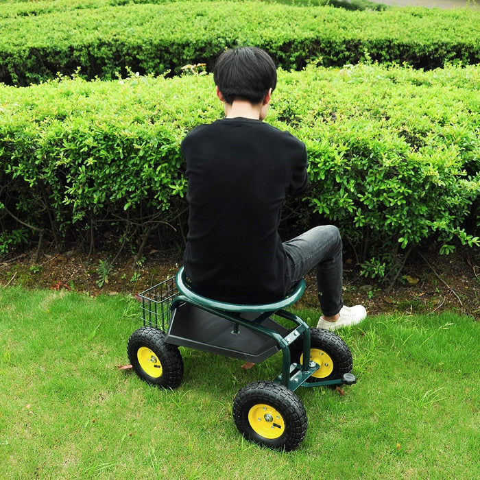 Rolling Garden Cart with Seat Lawn Yard Patio Work Seat Gardening Stool Cart with Tool Tray and Storage Basket