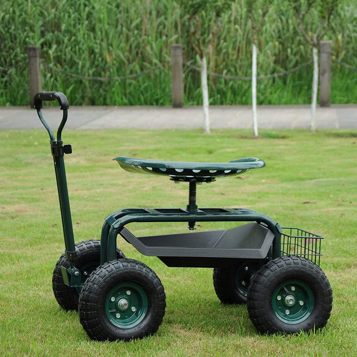 Rolling Garden Cart with Seat Lawn Yard Patio Work Seat Gardening Stool with Tool Tray and Storage Basket, with Handle