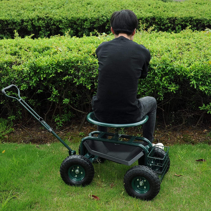 Rolling Garden Cart with Seat Lawn Yard Patio Work Seat Gardening Stool with Tool Tray and Storage Basket, with Handle