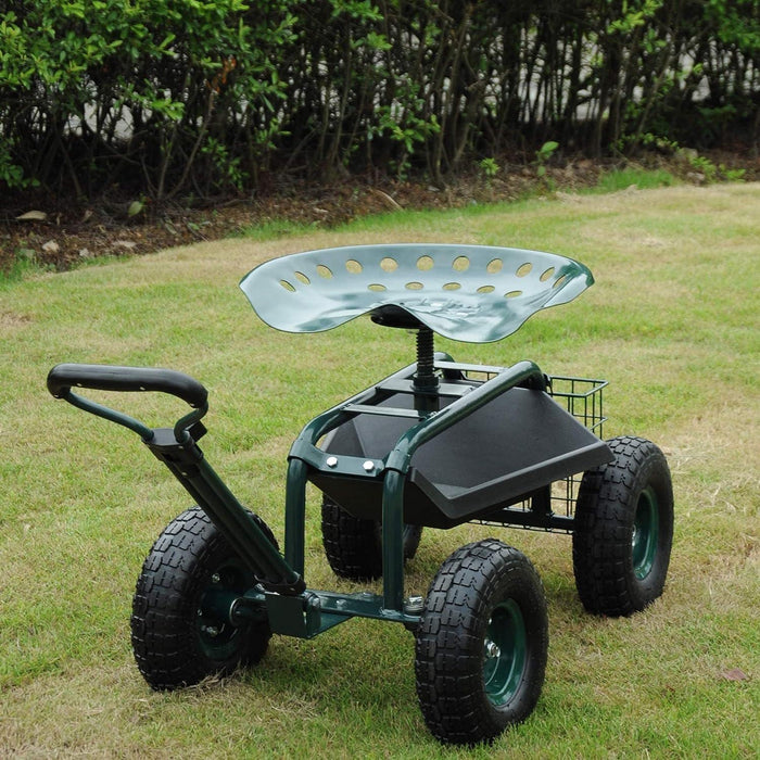 Rolling Garden Cart with Seat Lawn Yard Patio Work Seat Gardening Stool with Tool Tray and Storage Basket, with Handle