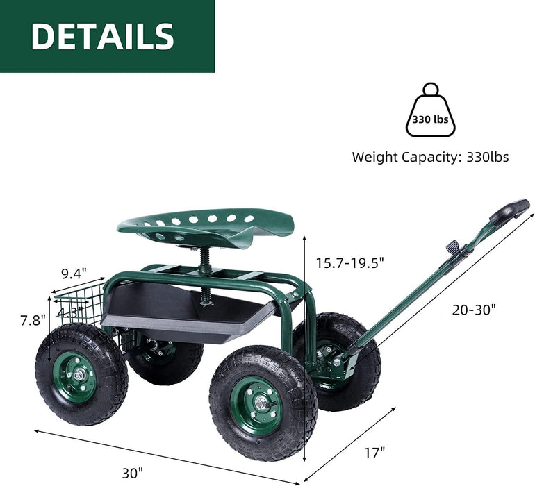 Rolling Garden Cart with Seat Lawn Yard Patio Work Seat Gardening Stool with Tool Tray and Storage Basket, with Handle