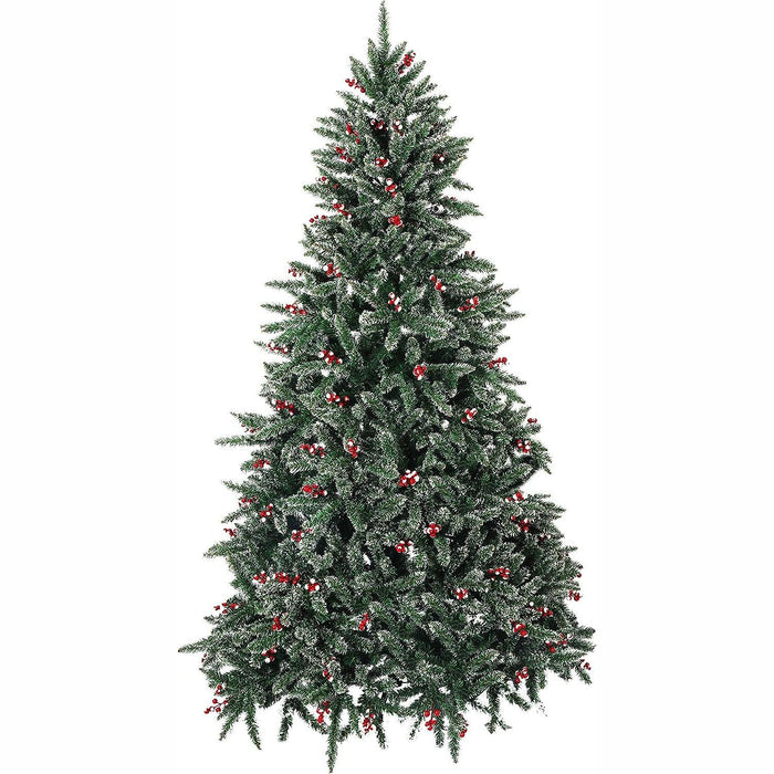 7ft Artificial Christmas Pine Tree Snow Flocked with Red Cheery 1390 Branch Tips and Decoration