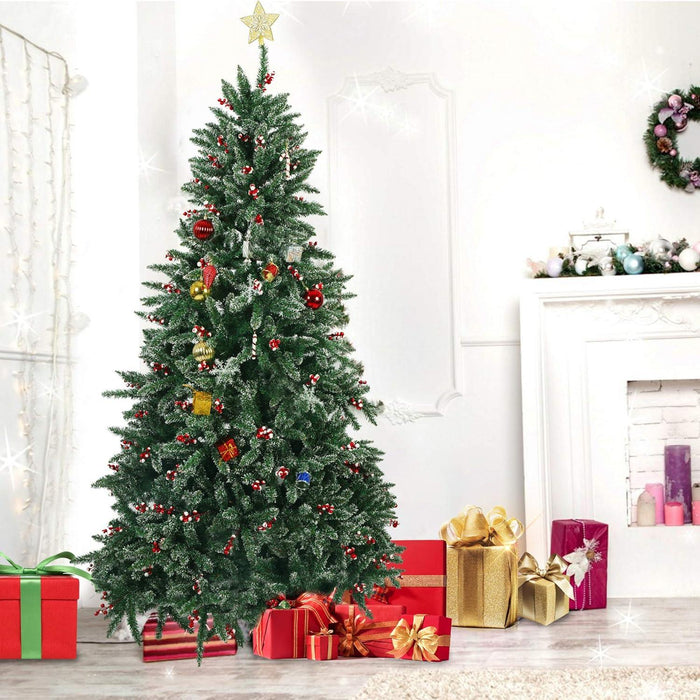 7ft Artificial Christmas Pine Tree Snow Flocked with Red Cheery 1390 Branch Tips and Decoration