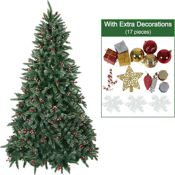 7ft Artificial Christmas Pine Tree Snow Flocked with Red Cheery 1390 Branch Tips and Decoration