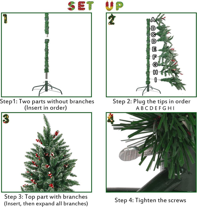 7ft Artificial Christmas Pine Tree Snow Flocked with Red Cheery 1390 Branch Tips and Decoration