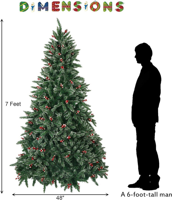 7ft Artificial Christmas Pine Tree Snow Flocked with Red Cheery 1390 Branch Tips and Decoration