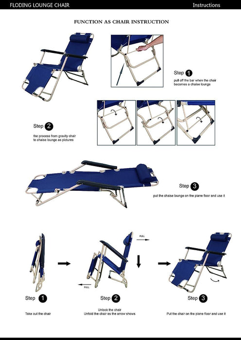 Set of 2 Portable Chaise Lounge Chair 60"L Flat Folding Outdoor Recliner Chairs, Dark Blue