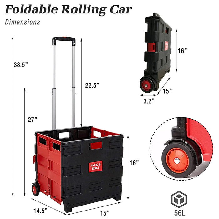 56L Collapsible Rolling Crate Utility Cart Foldable Grocery Cart with Wheels, Red