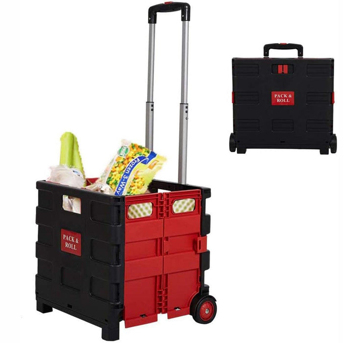 56L Collapsible Rolling Crate Utility Cart Foldable Grocery Cart with Wheels, Red