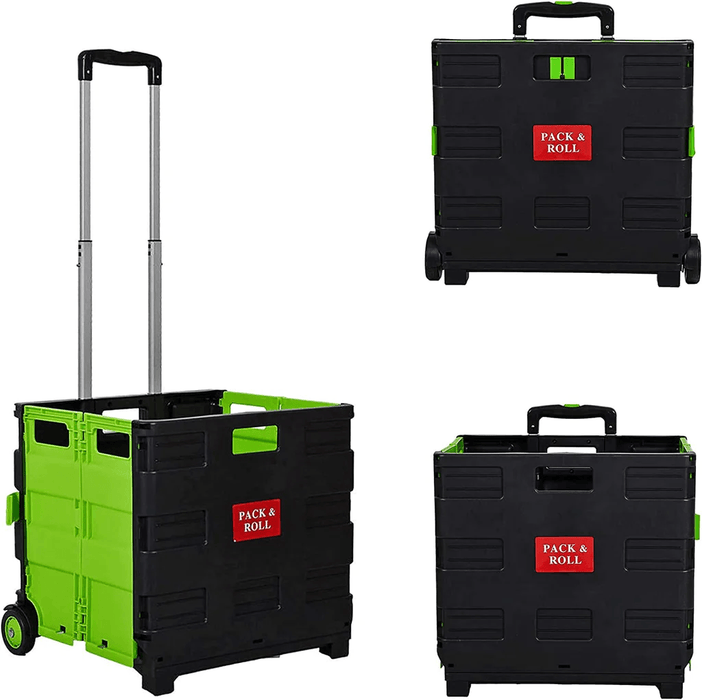 44L Collapsible Rolling Crate Utility Cart Foldable Grocery Cart with Wheels, Green