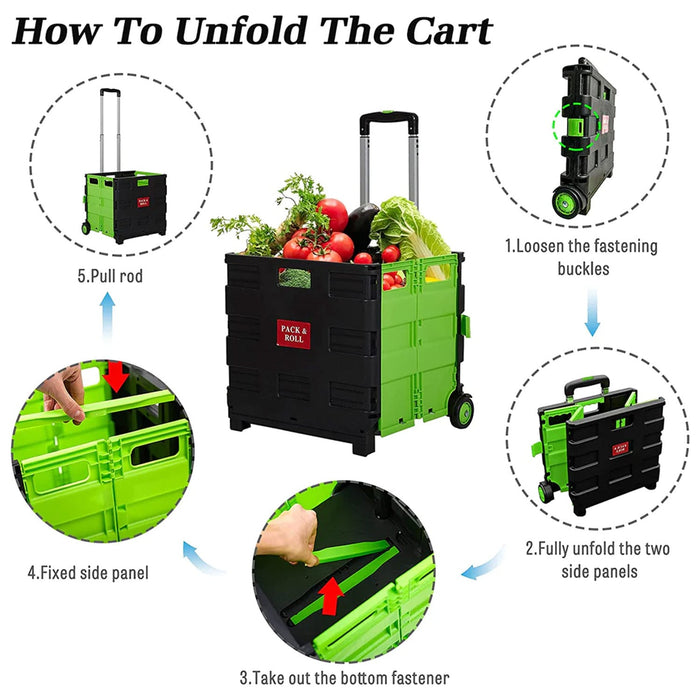 56L Collapsible Rolling Crate Utility Cart Foldable Grocery Cart with Wheels, Green