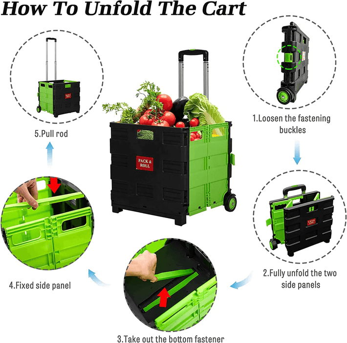 44L Collapsible Rolling Crate Utility Cart Foldable Grocery Cart with Wheels, Green