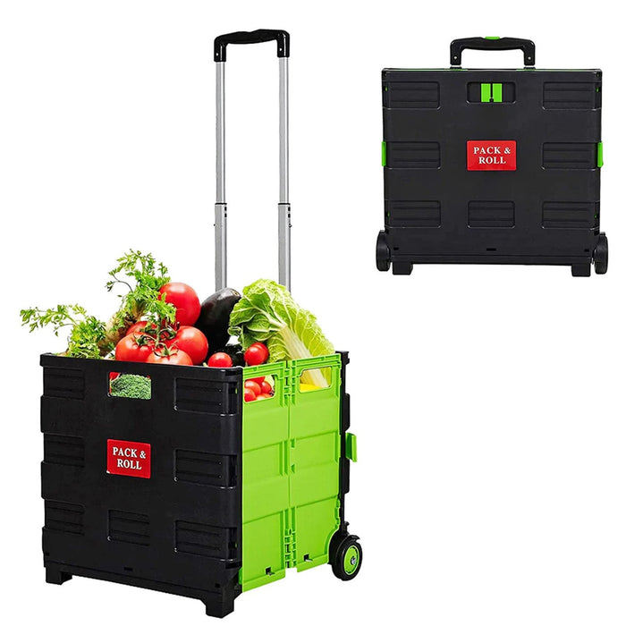 56L Collapsible Rolling Crate Utility Cart Foldable Grocery Cart with Wheels, Green