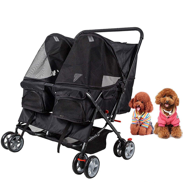 Double Seater Folding Dog Cat Pet Stroller Travel Carrier Jogger Stroller, Black