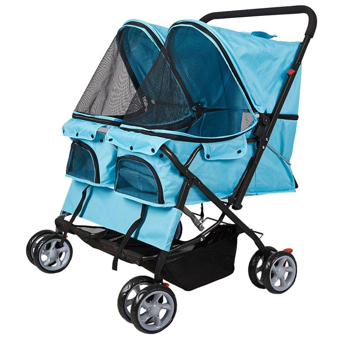 Double Seater Folding Dog Cat Pet Stroller Travel Carrier Jogger Stroller, Blue