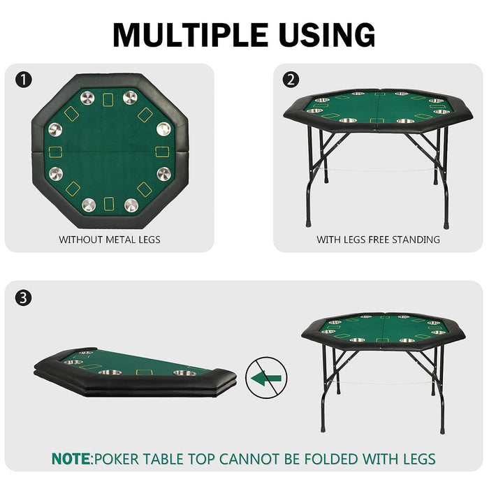 48" Octagon Folding Poker Table 8 Player Casino Texas Poker Mat, Stainless Steel Cup Holder