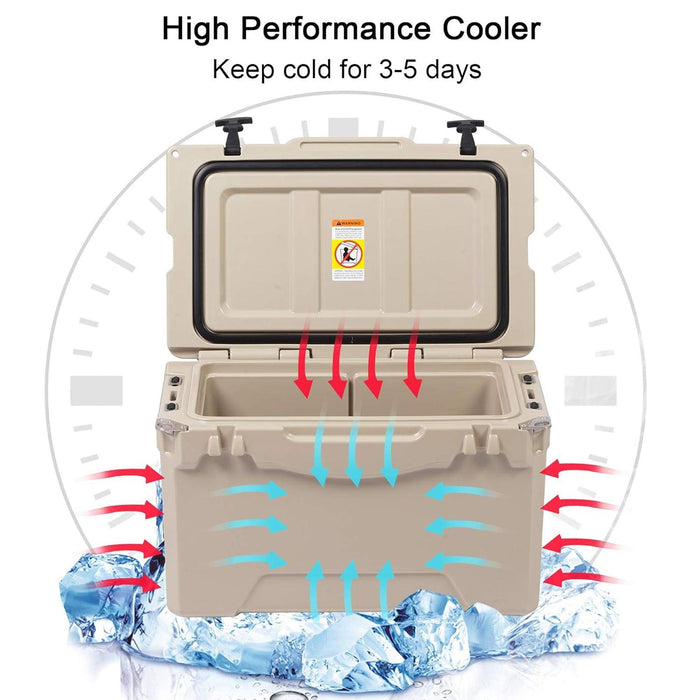 50QT Rotomolded Insulated Ice Cooler 3-5 Days Ice Chest with Built-in Fish Ruler, Bottle Opener, Cup Holder