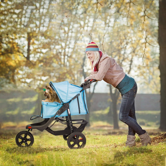 3-Wheel Folding Dog Stroller Pet Travel Carrier with Cup Holder and Storage Basket, Blue