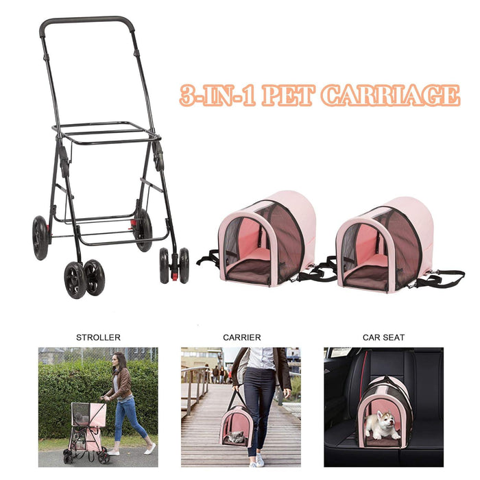 3-in-1 Double Seater Folding Dog Pet Stroller Kitten Puppy Carriages Detachable Carrier Bags, Pink