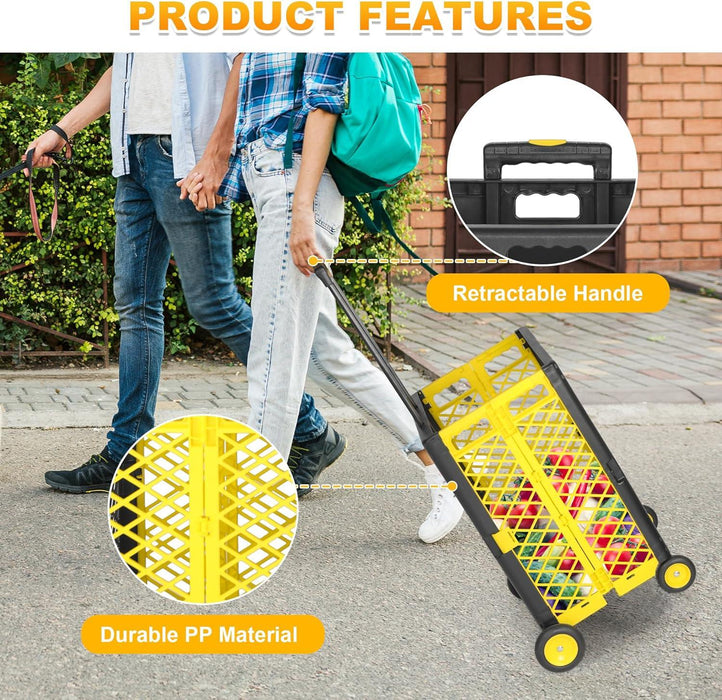 55L Folding Utility Shopping Cart with Wheels Telescopic Handle Collapsible Rolling Crate, Yellow