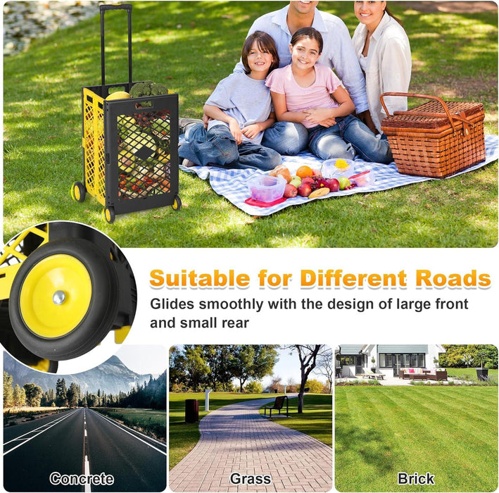 55L Folding Utility Shopping Cart with Wheels Telescopic Handle Collapsible Rolling Crate, Yellow