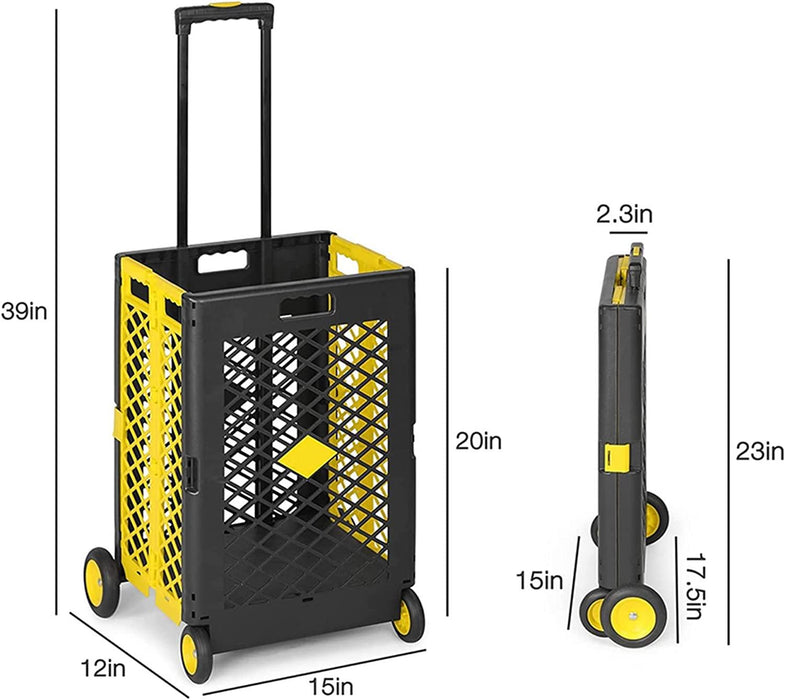 55L Folding Utility Shopping Cart with Wheels Telescopic Handle Collapsible Rolling Crate, Yellow