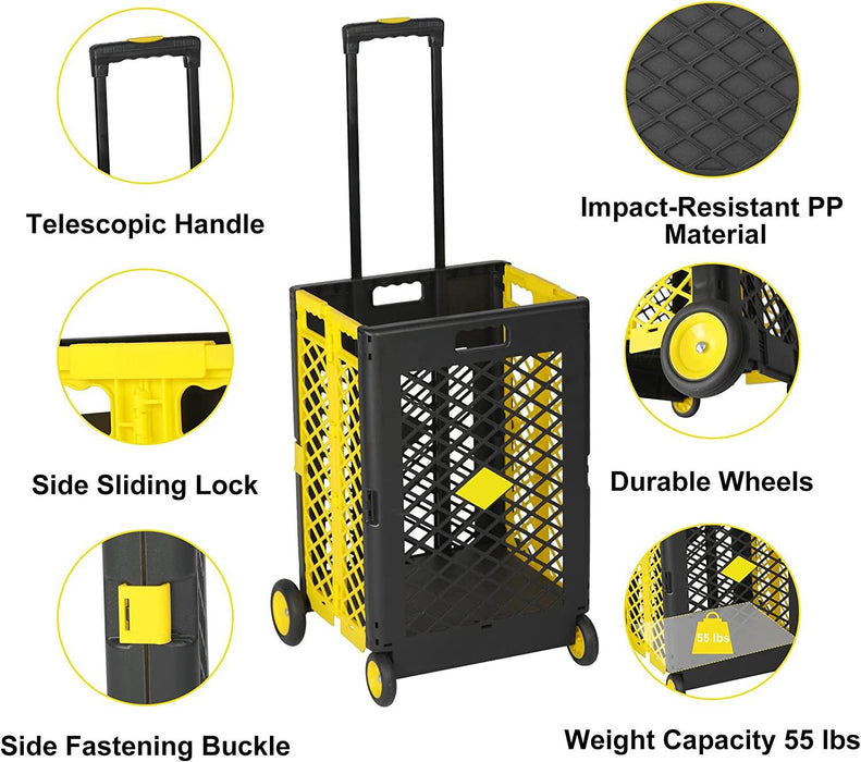 55L Folding Utility Shopping Cart with Wheels Telescopic Handle Collapsible Rolling Crate, Yellow