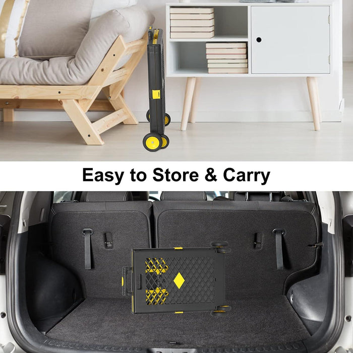 55L Folding Utility Shopping Cart with Wheels Telescopic Handle Collapsible Rolling Crate, Yellow