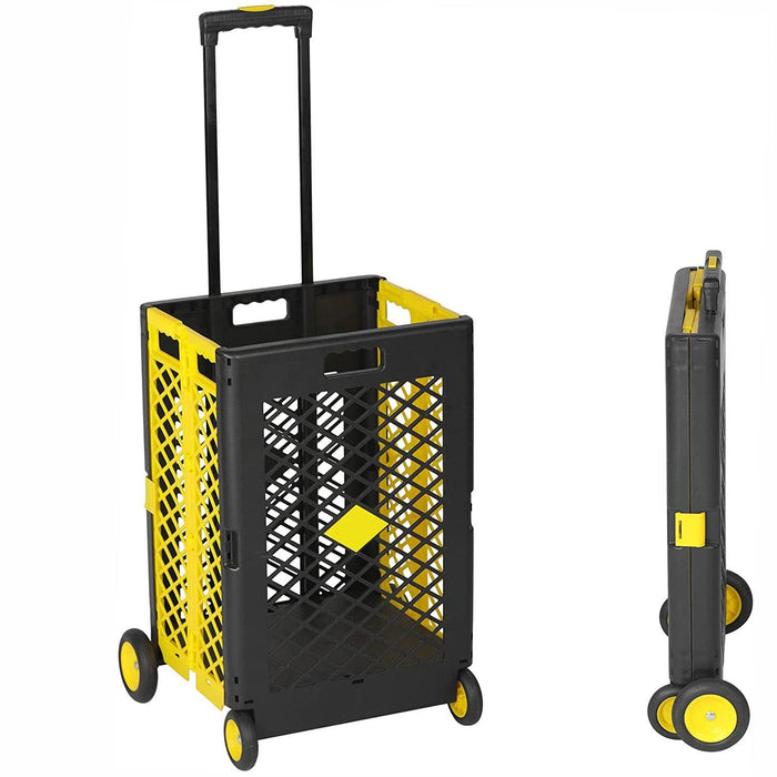 55L Folding Utility Shopping Cart with Wheels Telescopic Handle Collapsible Rolling Crate, Yellow