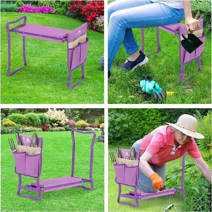 Garden Kneeler Seat Folding Kneeling Bench Stool with Tool Pouches Soft Foam, Purple