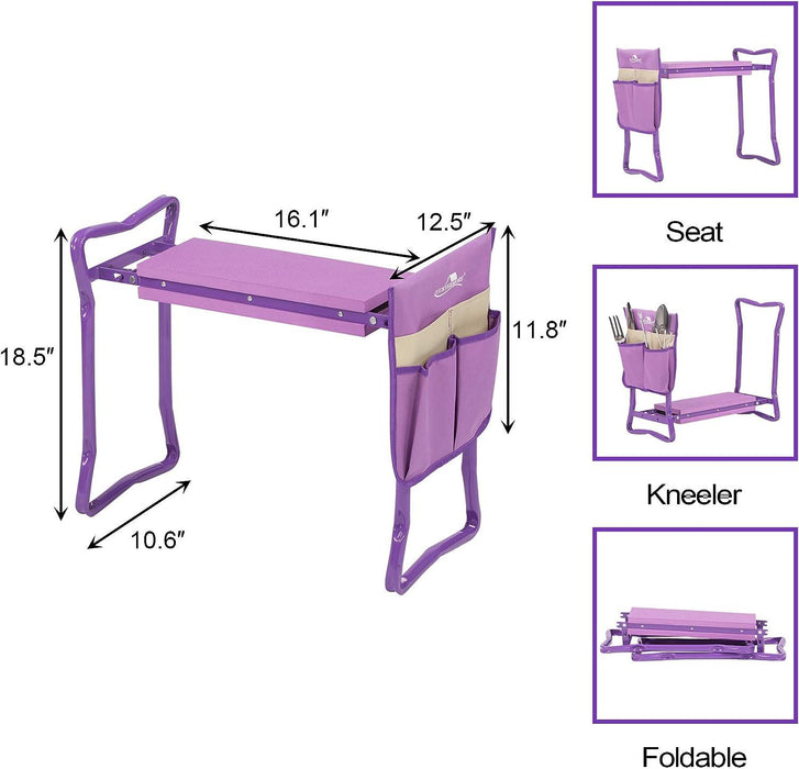 Garden Kneeler Seat Folding Kneeling Bench Stool with Tool Pouches Soft Foam, Purple